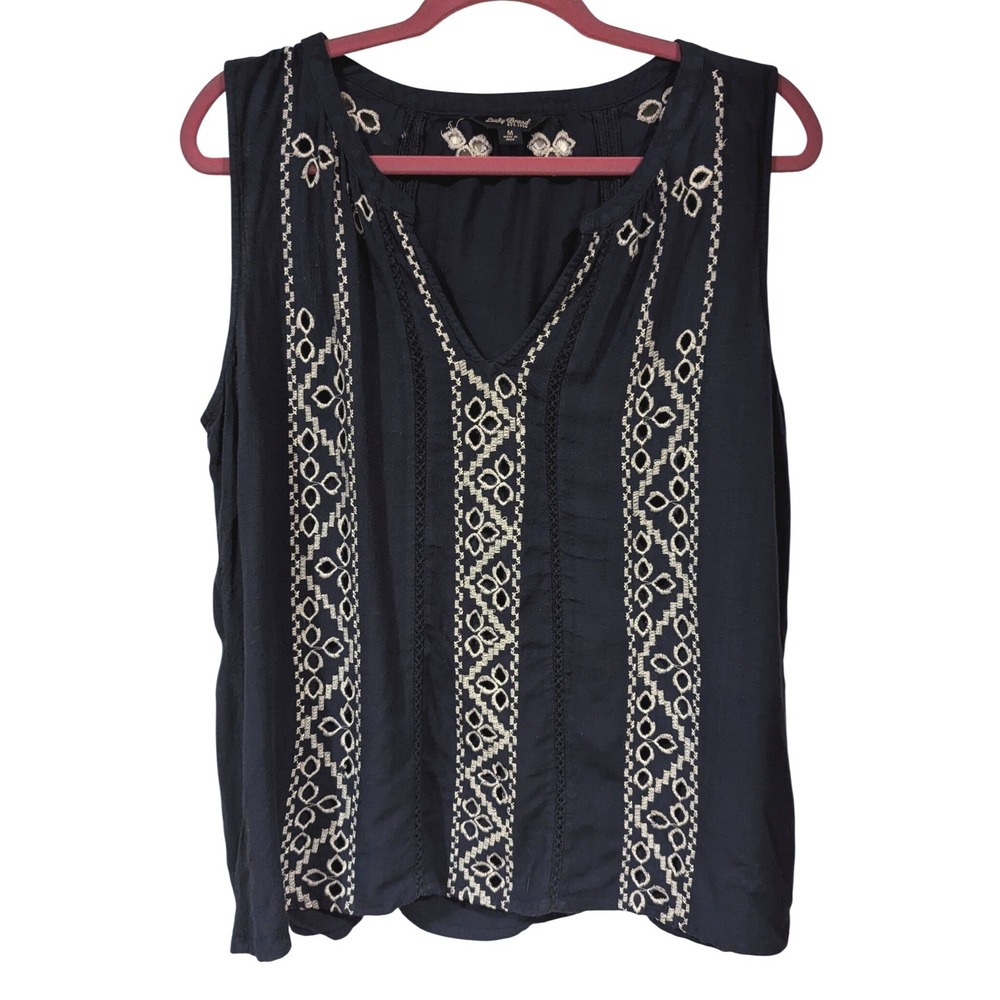 Lucky Brand Embroidered Tank Top M Navy Blue Boho Lace Trim Sleeveless V-Neck